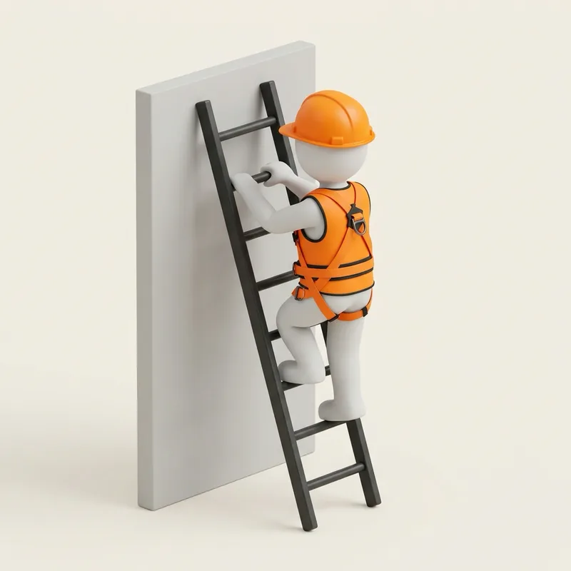 Personaje con casco y arnés naranja sube una escalera