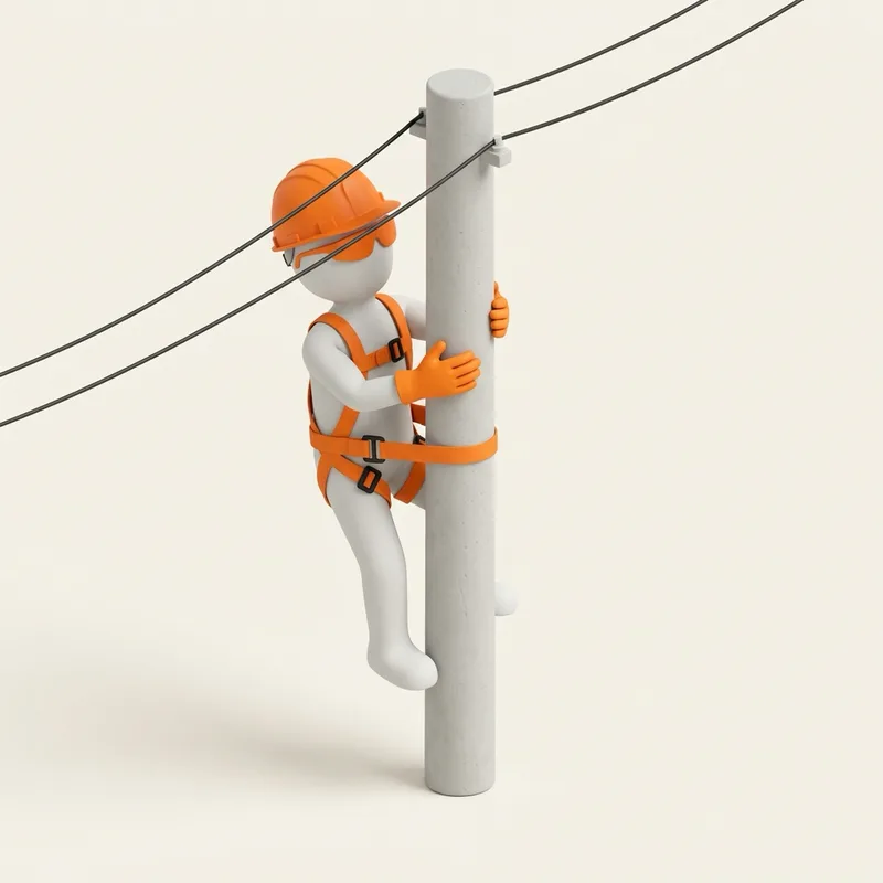 Personaje con casco, gafas, guantes y arnés naranja sube un poste