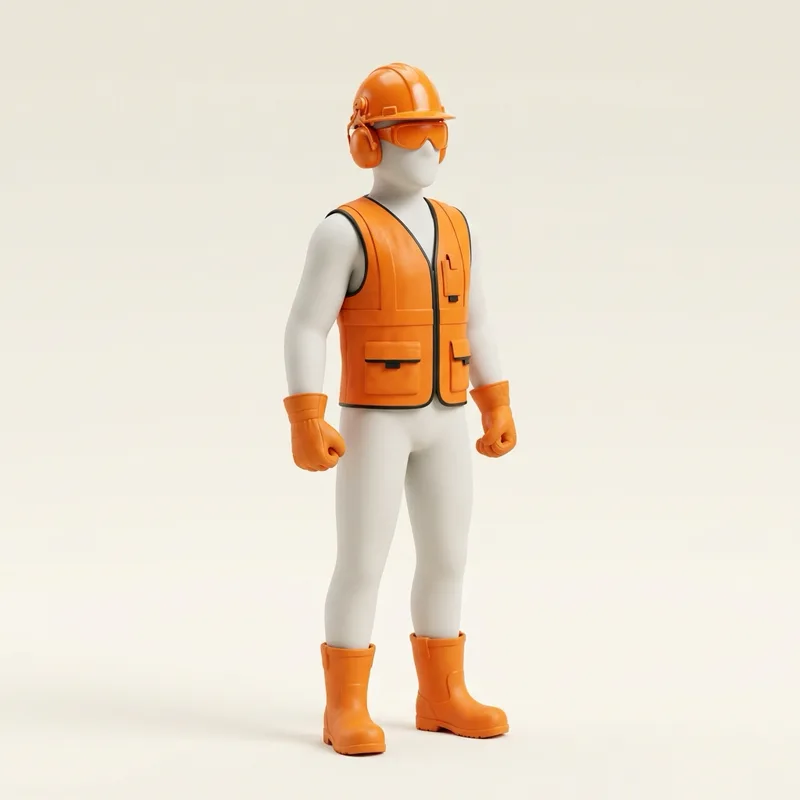 Personaje con casco, gafas, protección auditiva, chaleco, guantes y botas naranja