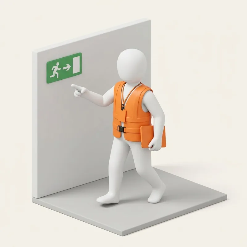 Personaje con chaleco naranja y tablet señala un letrero de salida de emergencia