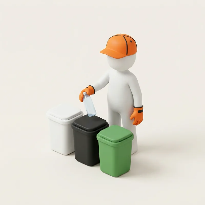 Personaje deposita una botella en canecas blanca, negra y verde