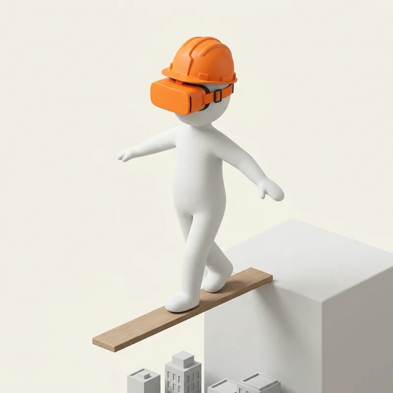 Personaje con gafas de realidad virtual y casco naranja camina por una tabla al borde de un edificio